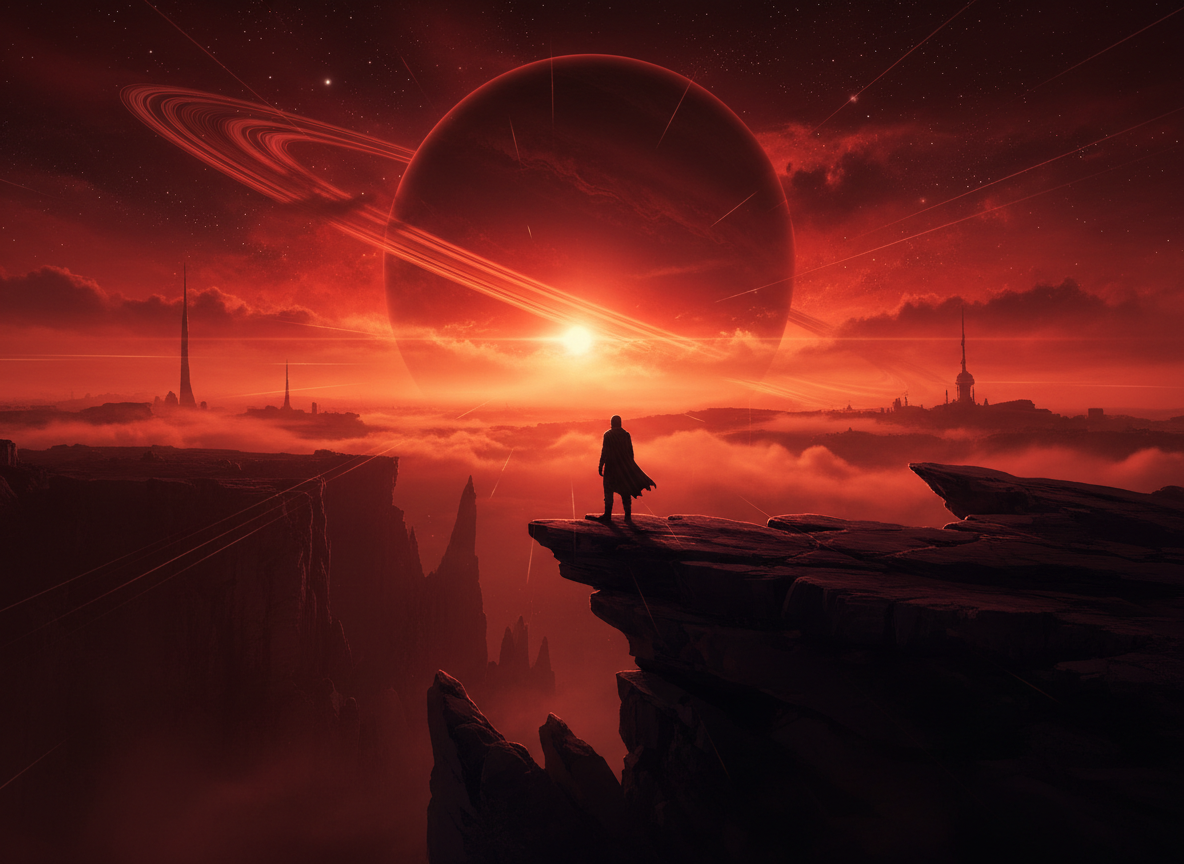 A lone explorer silhouetted against a red alien horizon